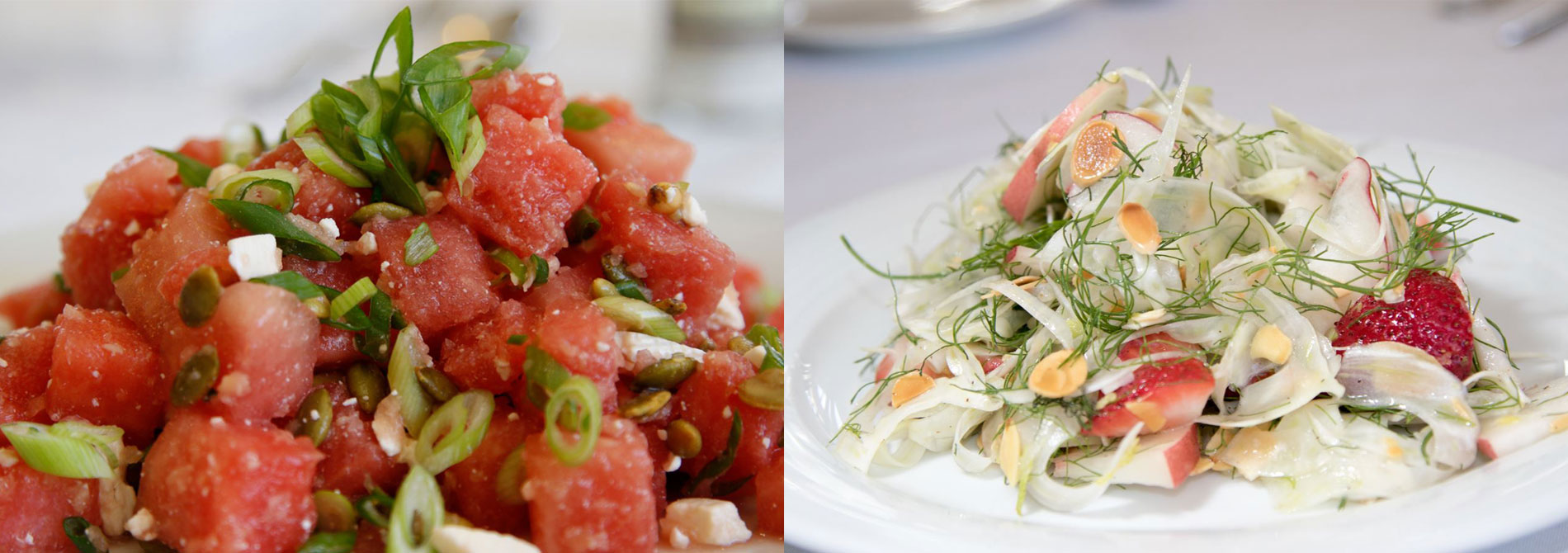 Watermelon and feta salad and Shaved Fennel Summer Salad with Strawberry, Peach and Toasted Almonds
