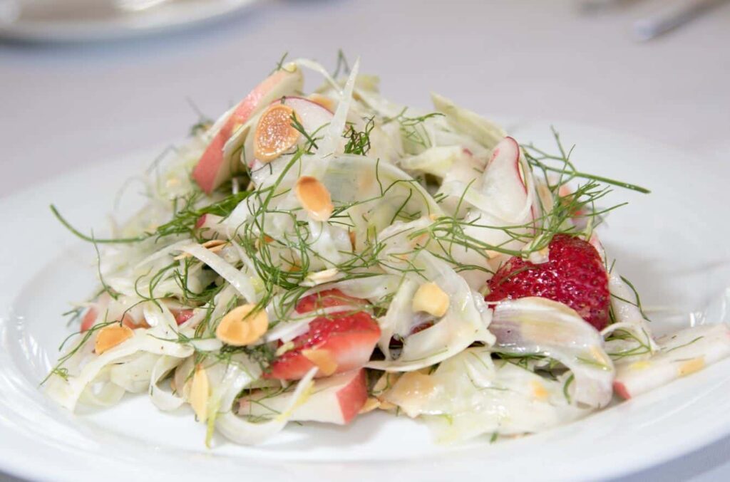 Shaved Fennel Summer Salad with Strawberry, Peach and Toasted Almonds